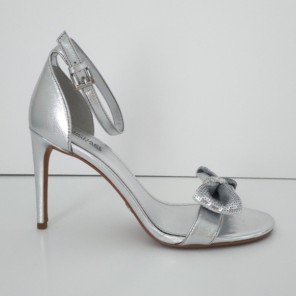 Michael Kors Metallic Silver Sequin Bow Ankle Strap Open-Toe Stiletto High Heels - Picture 3 of 8
